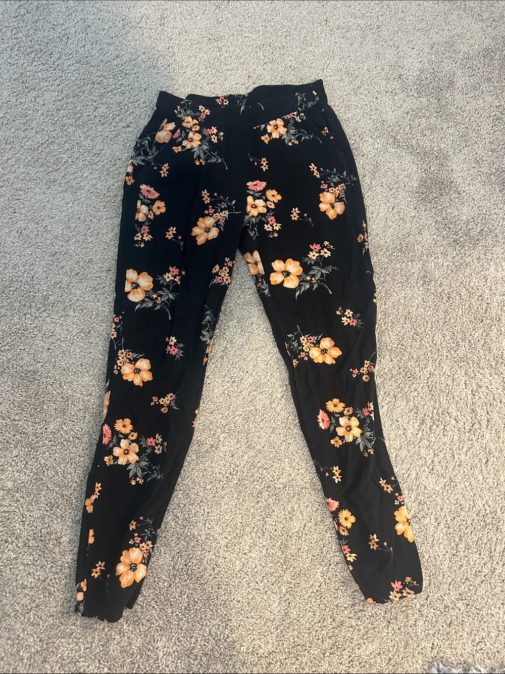 Black Floral stretchy Pants with Yellow & Pink Blossoms